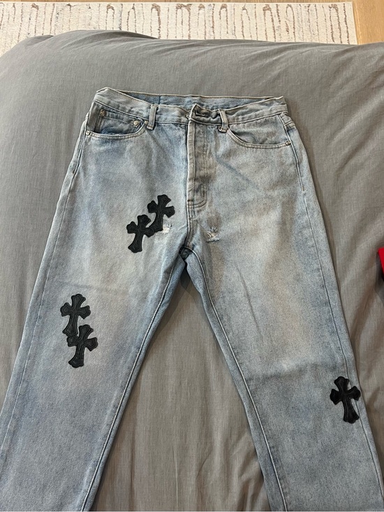 Chrome Hearts Other - Chrome Hearts Light Blue Slim Straight Jeans with Black Cross Patches